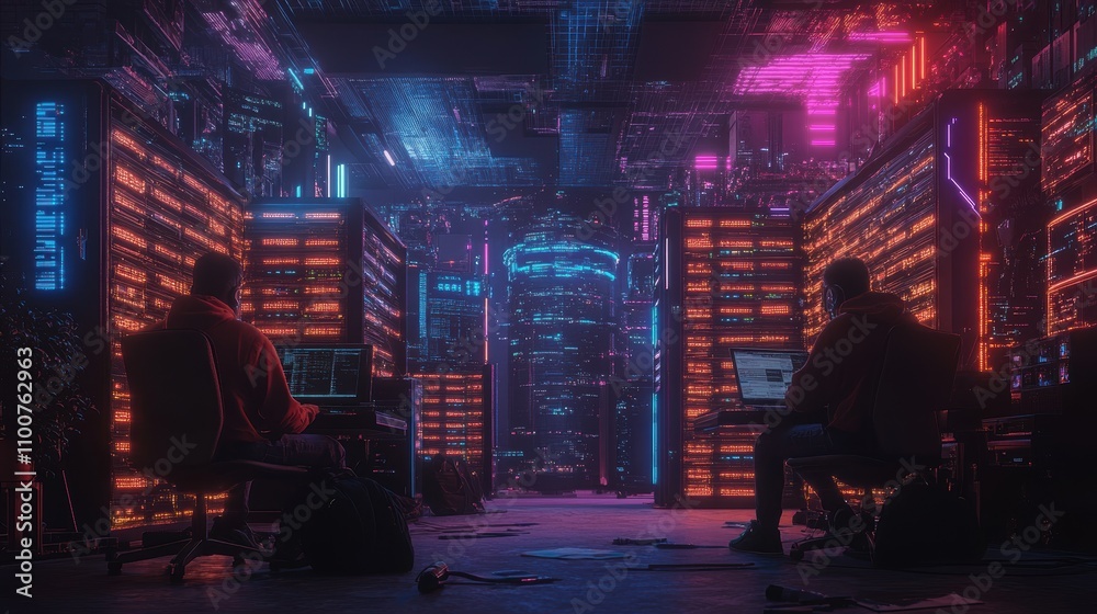 Aufkleber A high-tech server room illuminated by neon lights, featuring two individuals working on computers amidst rows of servers.