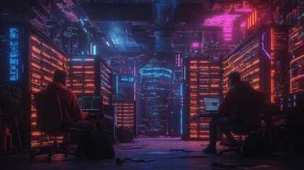 A high-tech server room illuminated by neon lights, featuring two individuals working on computers amidst rows of servers.