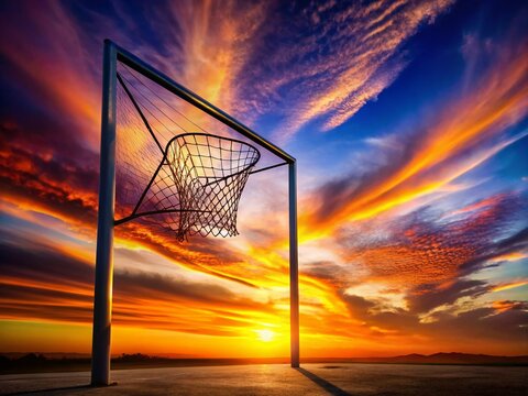 Silhouette of a Goalpost with Net for Korfball, Netball, Basketball, or Ringball Against a Colorful Sunset Background