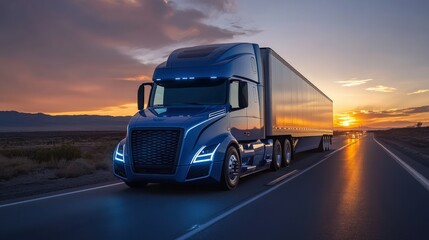  heavy-duty blue truck advancing on a highway at sunset