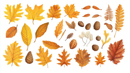 Obraz premium Colorful assortment of autumn leaves and pine cones arranged artistically on white background