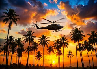 Silhouette of Helicopter Flying Over Lush Palm Trees at Sunset, Capturing the Tranquil Beauty of Nature and Aviation in a Stunning Contrast of Light and Shadow