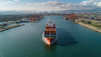 Obraz premium Big container ship navigating through harbor with city skyline in background, showcasing maritime transport and industrial activity