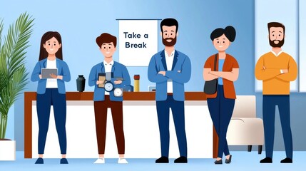 Obraz premium A group of diverse business professionals taking a casual break in their modern office workspace with laptops tablets and smartphones They are engaged in strategy planning during their coffee break