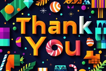 Fototapeta premium Bold and colorful Thank You card with geometric holiday decorations on a dark background
