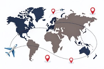 Simple Airplane Travel Path with Map Pins for Romantic Getaways and Business Journeys on a White Background