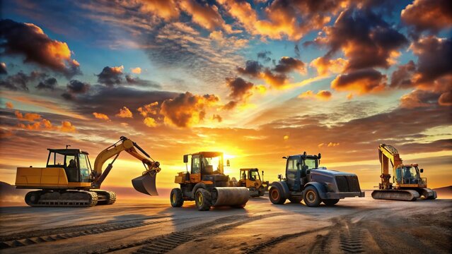 Silhouettes of Heavy Construction Machinery: Tractors, Bulldozers, Asphalt Pavers, and Excavators for Industrial and Construction-Themed Projects and Designs