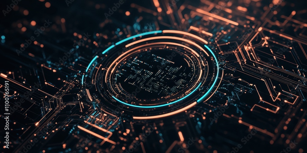 Poster a vibrant, abstract depiction of a digital circuit board, featuring glowing lines and a central circ