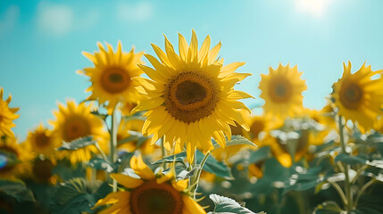 Obraz premium Vibrant Sunflower Field in Full Bloom Under a Clear Blue Sky, Demonstrating Natural Synchronization and Harmony