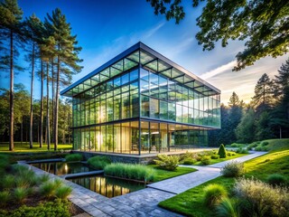 Obraz premium Sleek Modern Glass Structure Nestled in Nature Overlooking a Lush Forested Landscape with Vibrant Greenery, Clear Blue Sky, and Reflective Surfaces Showcasing Architectural Elegance