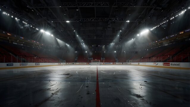 Dramatic lce hockey arena with bright spotlights creating dynamic sports background for action packed events