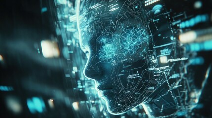 Fototapeta premium Digital AI female head profile with glowing neural network.