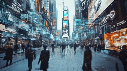 Obraz premium Futuristic city street with digital overlays and blurred crowds.