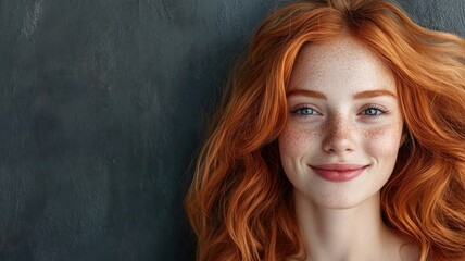 Fototapeta premium Smiling red-haired woman with freckles against dark background
