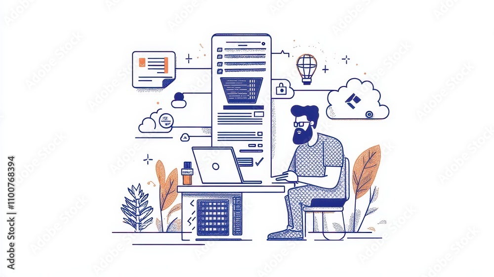 Poster a man works at a desk with a laptop, surrounded by digital elements and plants, symbolizing remote w