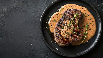 Grilled steak with creamy sauce on dark plate