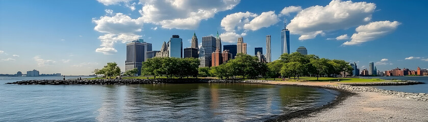 Fototapeta premium Urban Skyline Viewed from Tranquil Park Island