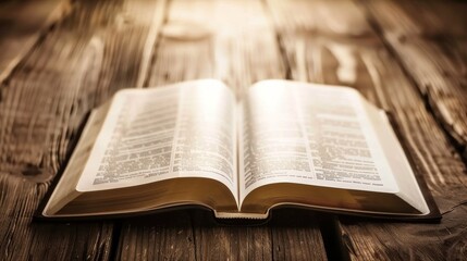 Obraz premium Close-up of open Bible on wooden table, sunlight illuminating sacred text, serene contemplative scene with ample copy space for text or design.