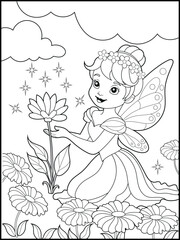 Fototapeta premium Fairy coloring pages for kids. Children's coloring books with cute fairy cartoon characters. Black-and-white printable coloring sheet for kindergarten. 