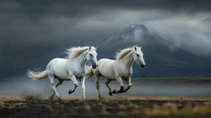 Fototapeta premium Majestic white horses gallop across dramatic landscape with mountain backdrop, evoking sense of freedom and beauty in nature
