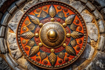 Fototapeta premium Striking Overhead View of an Ancient Hoplite Shield on a Clear Background Capturing the Essence of Historical Warfare and Greek Military Artifacts for Urban Exploration Photography