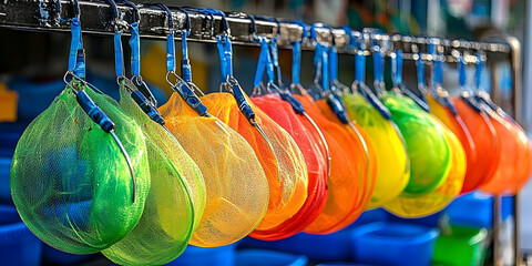 Colorful Fishing Nets Hanging in a Row