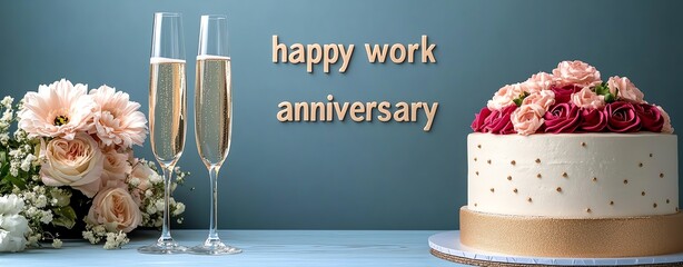 Happy work anniversary card in panoramic style, with cake flower champagne in glasses on greyish blue background