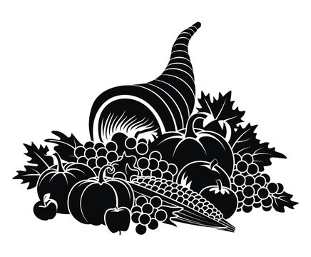 black cornucopia with pumpkins, grapes, apples clip art preview