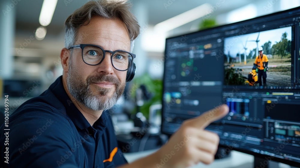 Wall mural experienced bearded male professional working on computer viewing digital analytics video editing so
