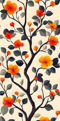 A vibrant pattern of orange and yellow flowers blooming among dark green leaves, creating a lively and cheerful atmosphere.