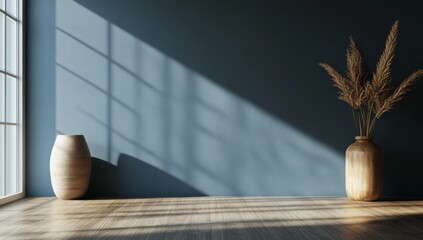 Minimalist interior design with a vase of dried pampas grass and a wooden vase against a blue wall with sunlight streaming through a window.