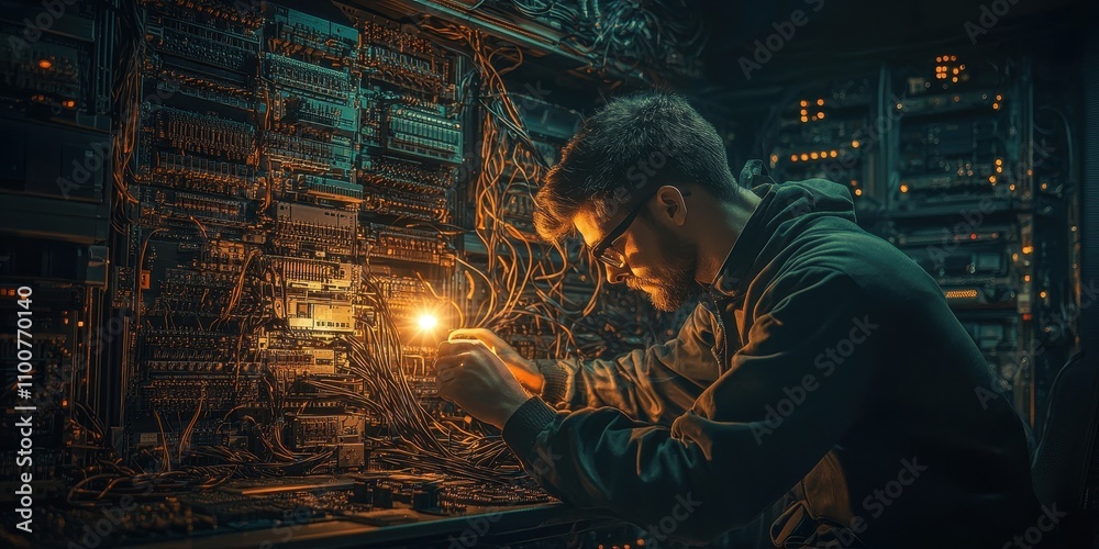 Poster A technician inspects intricate circuitry, illuminated by a warm glow, showcasing a blend of technology and craftsmanship in a dimly lit environment.