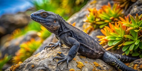 Fototapeta premium Stunning Aerial Drone Photography Capturing the Unique Habitats of Black Lizards in Their Natural Environment Surrounded by Lush Greenery and Vibrant Landscapes