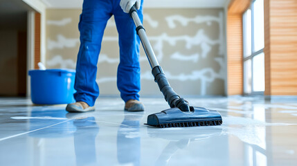 Worker Cleaning Polished Floor with Scrubbing Machine in New Building
