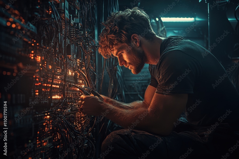 Poster a focused technician works on complex electronics, illuminated by glowing wires, capturing the essen