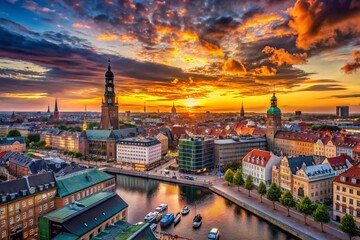 Obraz premium Stunning Aerial View of Copenhagen City Skyline Silhouette at Dusk, Capturing the Beauty and Architectural Diversity of Denmark's Capital with Vibrant Colors and Dynamic Composition