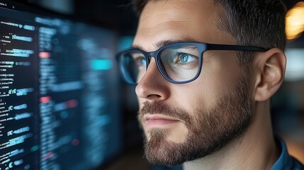 Bearded male professional in glasses intently focused on computer screen displaying programming code in modern technology driven office environment