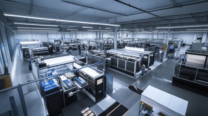 Obraz premium A robot assisting with automated bookbinding in a modern printing and publishing facility with clean, organized bookbinding stations and advanced binding equipment, Bookbinding tech style