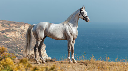 Obraz premium majestic modern athletic stallion stands proudly on high coastal cliff, overlooking ocean. Its sleek gray coat glistens in sunlight, embodying strength and grace