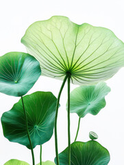 green lotus leaves, close-up, pure white background
