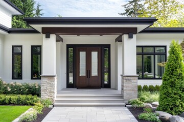 Modern house exterior with white walls, black trim, and a wooden front door.