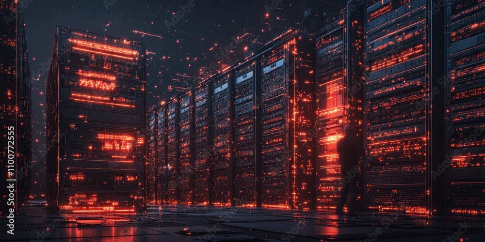 Poster A futuristic server room illuminated by red lights, showcasing towering data storage units in a dark, high-tech environment.