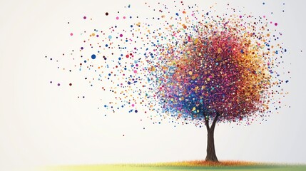 The tree is made of colorful particles. Growth and development in the digital marketing field on a white background. Symbolizes innovation and creativity, technology's role in customer