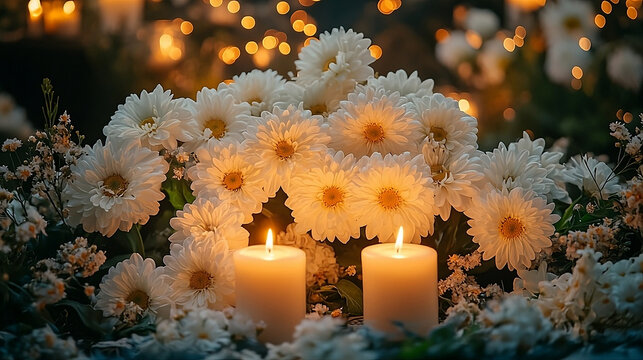 White chrysanthemums and burning candles give a message of sympathy and support