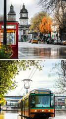 Obraz premium Autumnal Cityscape, Tram Rides Through Flooded Streets Past Historic Clock Tower