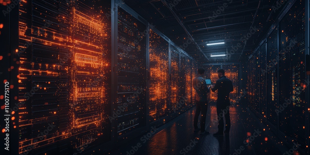 Poster a dimly lit data center featuring glowing orange digital displays and two individuals inspecting the