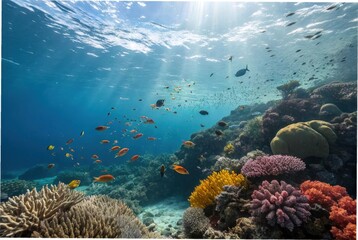 Naklejka premium Vibrant Underwater Scene of a Coral Reef with Sunbeams and Diverse Fish Life