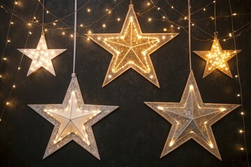 Obraz premium Illuminated Star Decorations Hanging Against a Dark Background