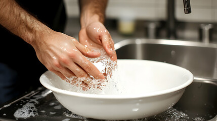 Fototapeta premium Clean Hands in Water, Washing in a White Bowl, Kitchen Sink Background