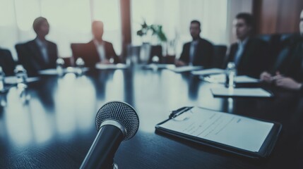 Fototapeta premium Business man and woman having meeting in a big hall with microphones on the big table
